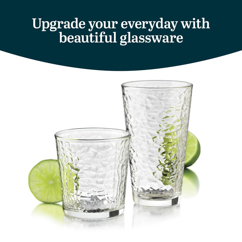 Libbey Yucatan Tumbler and Rock Drinking Glasses Set, Textured 16 Piece Glassware Set, All Purpose Glass Cups for Events and Everyday Use