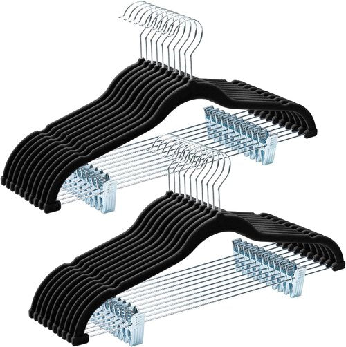 HOUSE DAY Velvet Hangers - Adjustable Clips & 360° Hook | Heavy Duty Non-Slip Suit Organizer (20 Pack, Black)