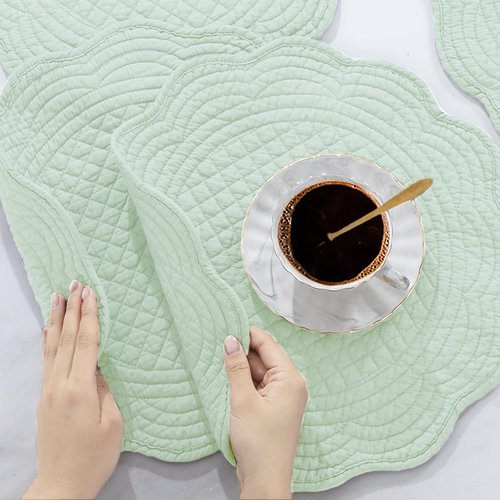 BALAPET Quilted Placemats Set of 6, 100% Cotton 14" Table Mats Farmhouse Style, Reversible Round Tabletop with Scalloped Edges for Kitchen Dinner Party Holidays, Sage Green