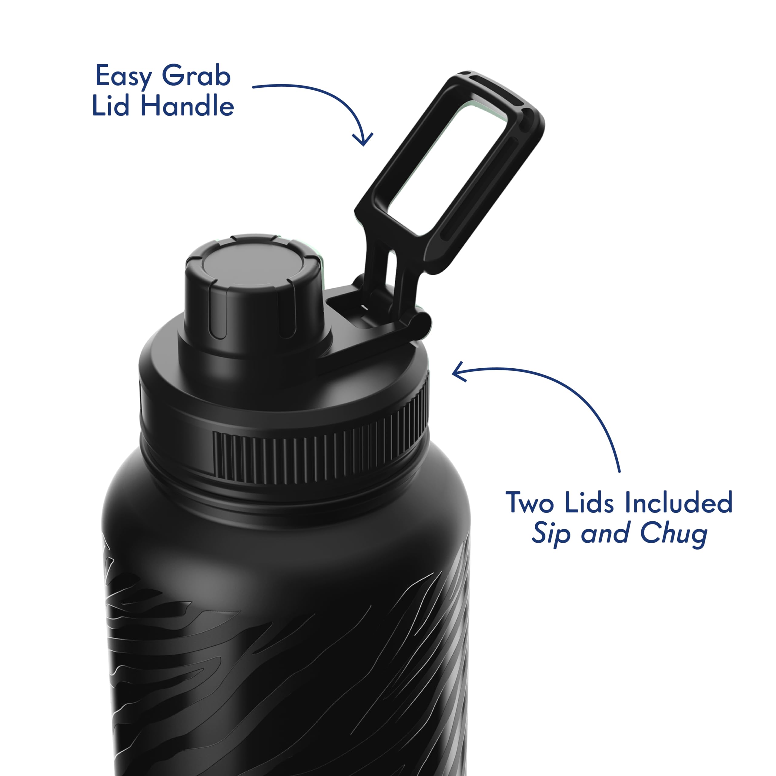 40oz Stainless Steel Sports Bottle with Triple Insulation & Copper Lining – Keeps Drinks Cold for 18 Hours & Hot for 6 – Threaded Lid with Attached Cap, Carrying Handle and Sweat-Free (Black Zebra)