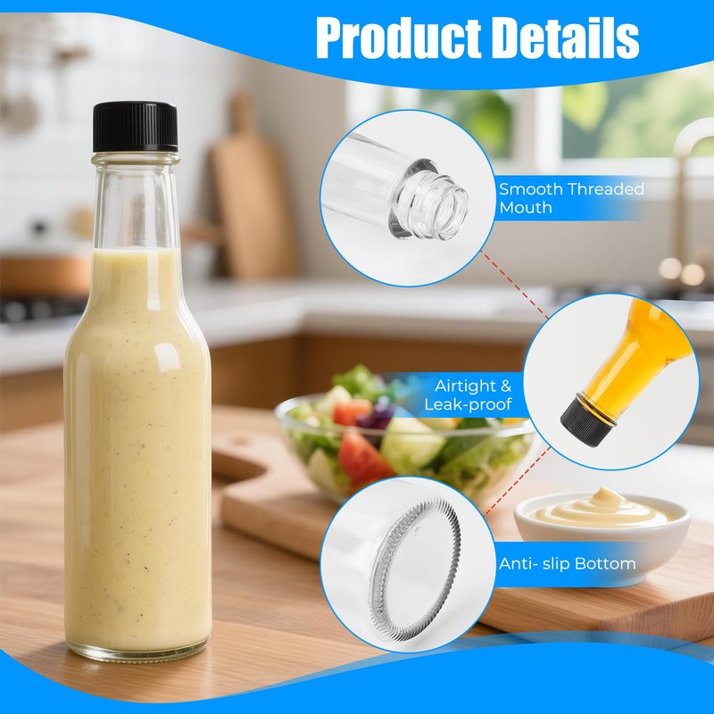 5 oz Hot Sauce Glass Bottles with Leak Proof Cap,Orifice Reducer Dripper Insert, 150 ml Clear Oil Bottle for Kitchen, Home Brewing Wine & Juicing Bottles. (Pack of 25)