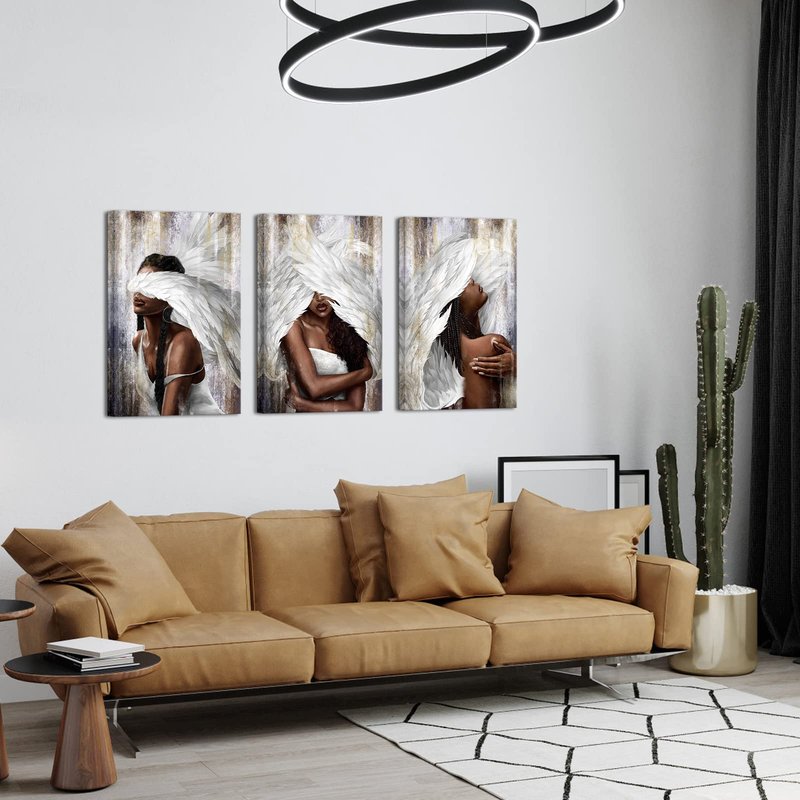 sechars Angel Wall Art Canvas Black Woman with Angel Wings Painting Prints Modern African American Abstract Girl Pictures Artwork for Home Living Room Bedroom Decor (Medium)