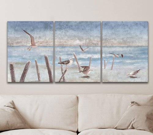Kdyudo 3 pcs Beach and Seagull Canvas Framed Wall Art, Blue Sand and Seagull Printed Poster Seascape and Beach Scenery Theme Suitable for Living Room Bedroom and Office Wall Decor 16x24 inch