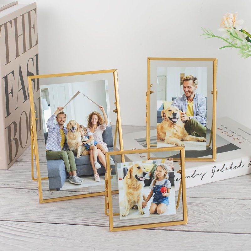 Jajamy Set of 6 Gold Glass Floating Picture Frame, Glass Pressed Flower Frames Collection, 4"x 4", 4"x 6", 5"x 7" Gold Picture Frame for Stand Tabletop Photo Display