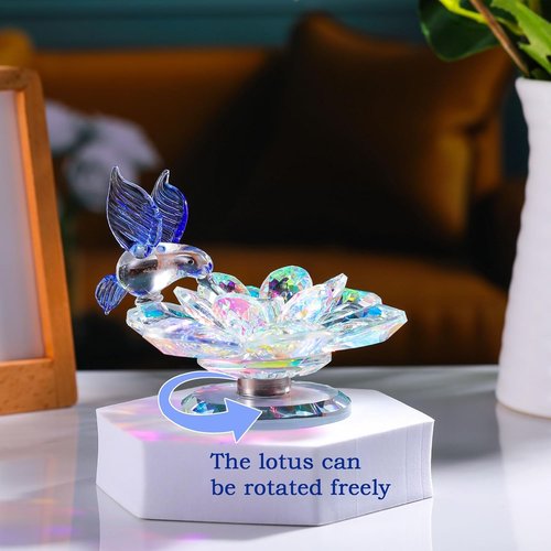 Movdyka Crystal Figurine - Blue Hummingbird Lotus Flower Decor | Sparkling Glass Ornament for Women