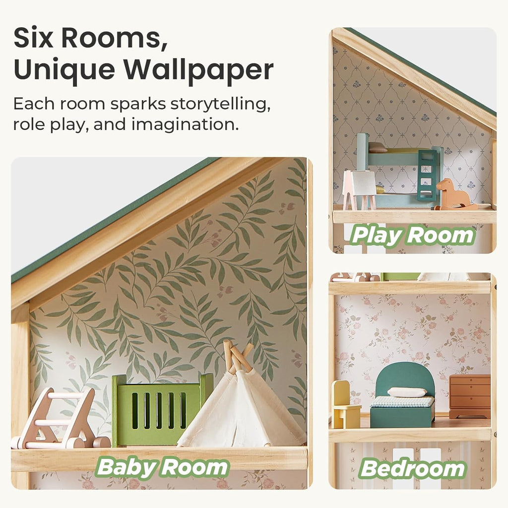 Tiny Land Wooden Dollhouse - 6 Rooms DIY Dollhouse with 31 Furniture Accessories | Creative Gift for Girls Ages 3+
