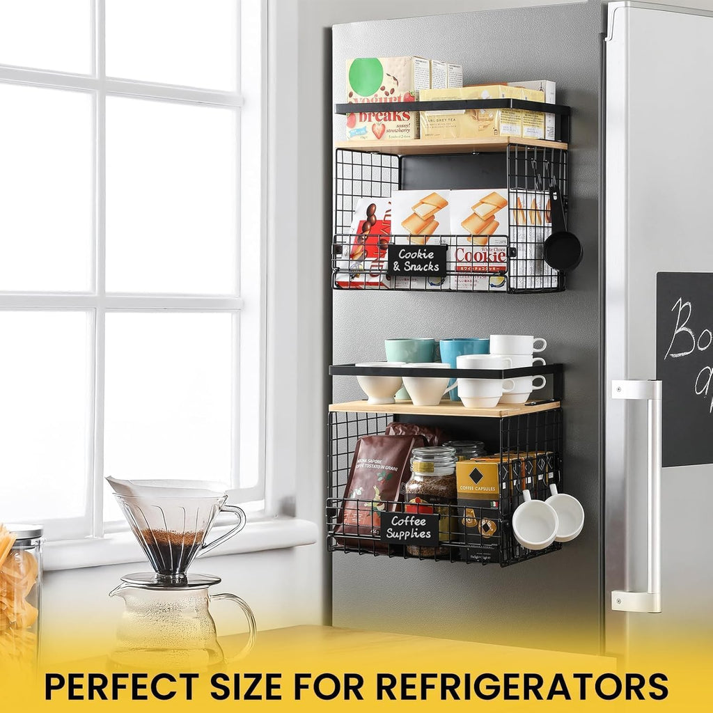WIDER SHELF Magnetic Spice Rack - XXL Large Fridge Shelf Basket with Bamboo Top & Tag | Kitchen Organizer