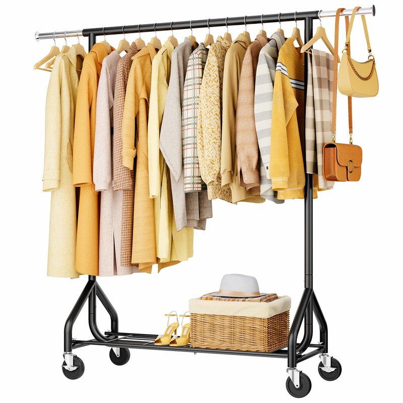 HYSEYY Heavy-Duty 450LBS Capacity Metal Clothes Rack，Rolling Clothing Rack with Wheels & Shelves, Portable Standing Wardrobe Rack for Hanging Clothes, Black (Black, L)