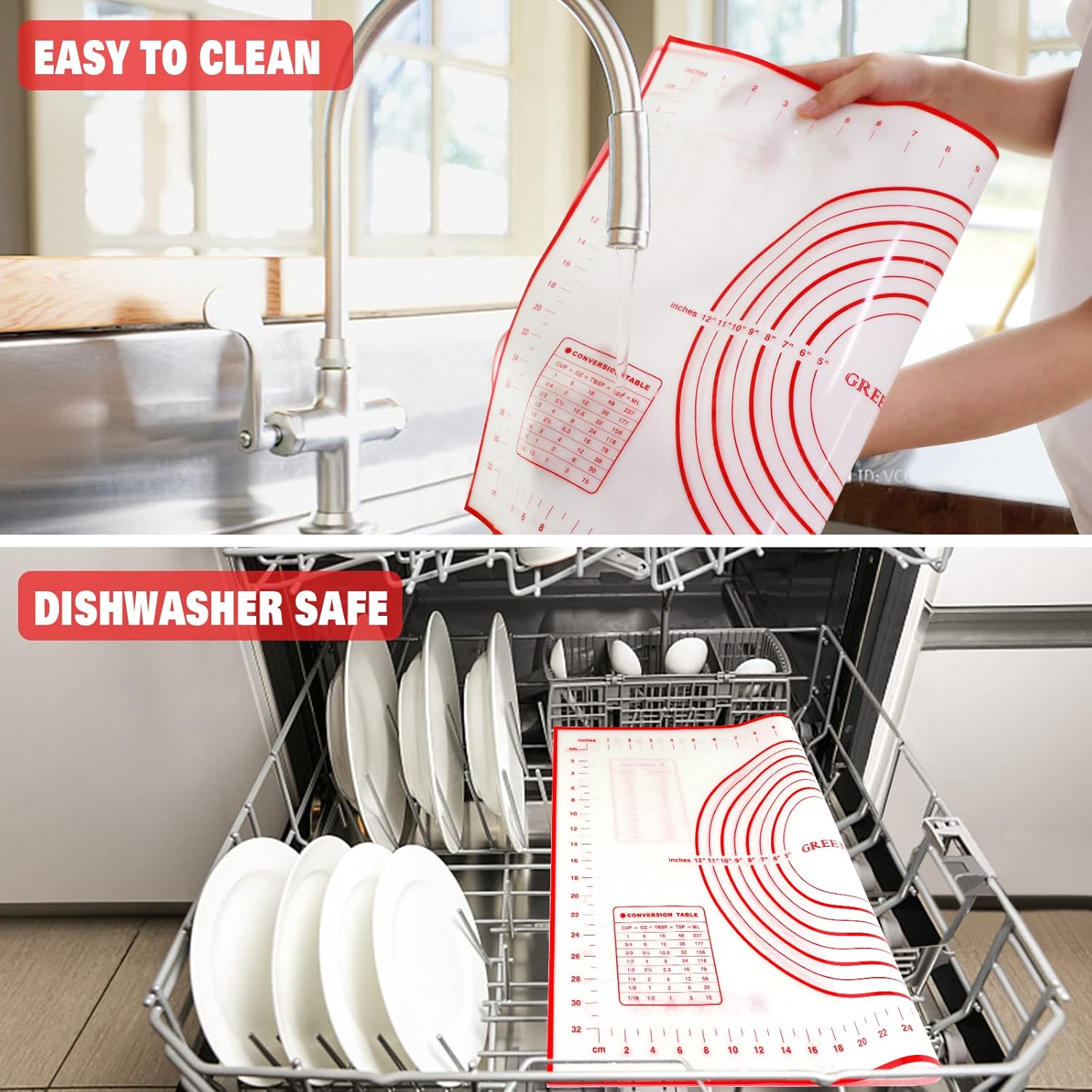 Skiennix Silicone Pastry Mat - Extra Thick Non-Stick Baking Sheet with Measurements | 16" x 24", Red