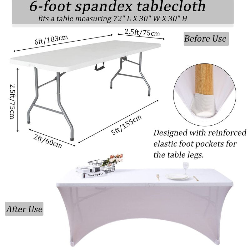 6FT Spandex Table Cover Table Cloth for Folding Tables Fitted Rectangular Tablecover Washable Wrinkle Resistant Polyester Stretch Tablecloth Protector for Wedding Banquet Party (12 Pack, White)