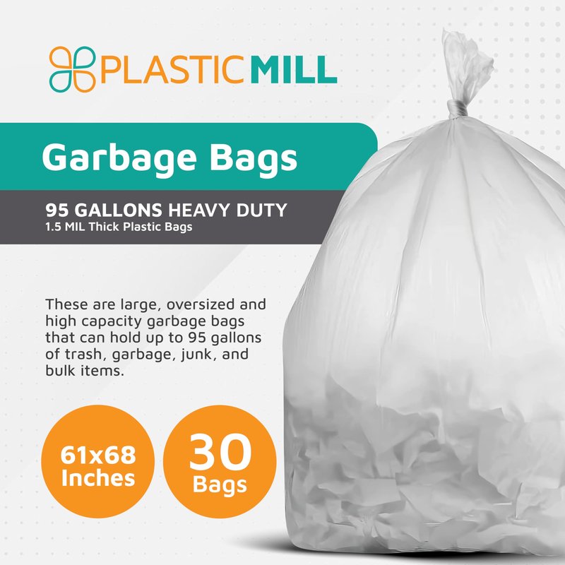 PlasticMill Heavy Duty Trash Bags - Clear Garbage Bags - Plastic Rubbish Sacs for Large Rolling Trash Bins - Tall Plastic Bags - 95-Gallon Large Kitchen Trash Bags, 1.5 Mil, 61"x68" (30-Count)