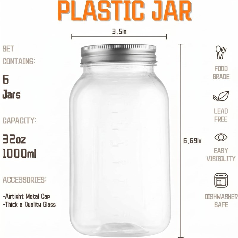 novelinks 32 oz Plastic Mason Storage Jars with Lids, 6 Pack BPA-Free Clear Plastic Jars with Lids 32oz, Leak-Proof Plastic Quart Containers for Kitchen and Home Use (Silver)