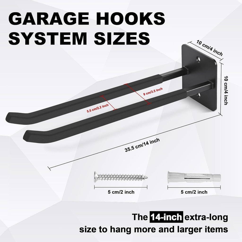 Skiennix 14-Inch Heavy Duty Garage Hooks - Extra Large Wall Mount Organizer for Tools & Equipment | 4-Pack