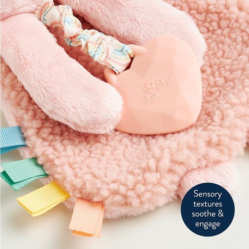 Itzy Ritzy - Itzy Lovey Baby Blanket with Teether - Soft Pink Bunny with Crinkle Sound & Textured Ribbons