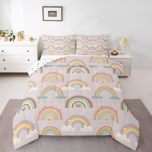 Manfei Girly Rainbow Comforter Set Twin Size, Cute Cloud Heart Bedding Set 2pcs, Cartoon Style Down Comforter for All Season, Kids Boy Girls Room Decor, Lightweight Duvet Insert, 1 Pillowcase