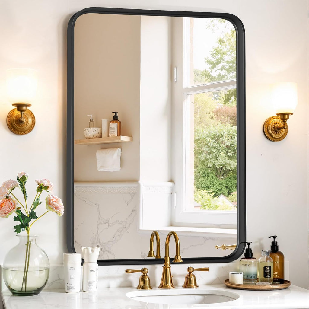 Regine Switzerland 36x24 Inch Black Metal Frame Bathroom Mirror - Modern Anti-Rust Design for Farmhouse & Entryway