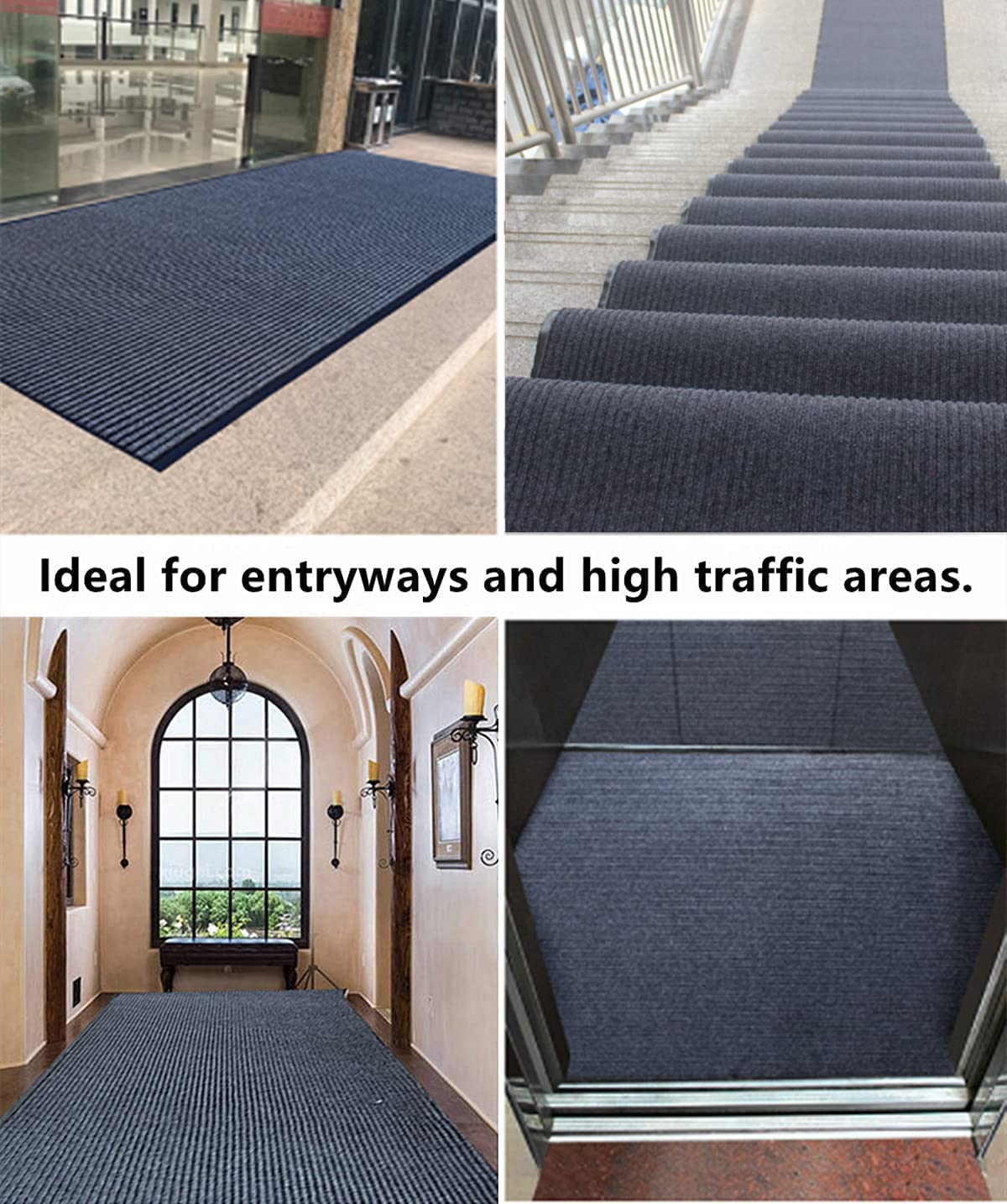 HappyBeeFlying Brush Step Large Front Door Mat 3'x10' Outdoor Indoor Commerical Entrance Mat Doormat Striped Low Profile Rubber Back Heavy Duty and Easy to Clean Gray