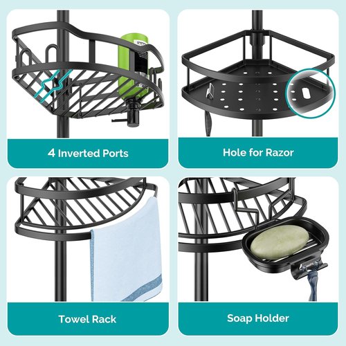HAMITOR Corner Shower Caddy - Rustproof 4-Tier Bathroom Organizer for Bathtub Shampoo Storage | Adjustable 47-121 Inch Black Rack