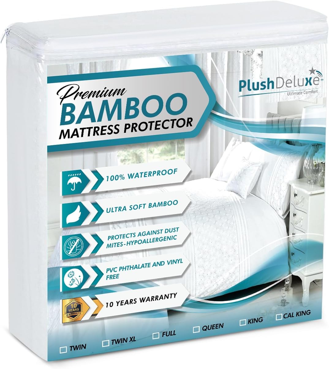 PlushDeluxe Premium Bamboo Mattress Protector - Waterproof, Ultra Soft & Breathable Twin XL Cover - White