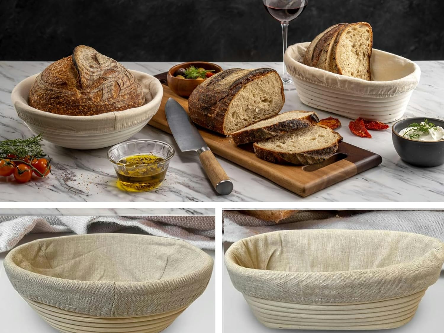 Proofing Baskets | Regine Switzerland Sourdough Bread Baking Set - 9-Inch Round & 10-Inch Oval with Liners