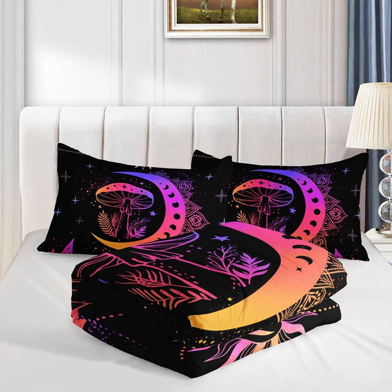 Axolotl Sun and Moon Bedding Set Queen Size,Mushroom Comforter,3Pcs Boho Exotic Bed Set,Bohemian Bedding,Cosmic Planets Astrology Comforter for Adults Women Teens,1 Quilt 2 Pillowcases,Black