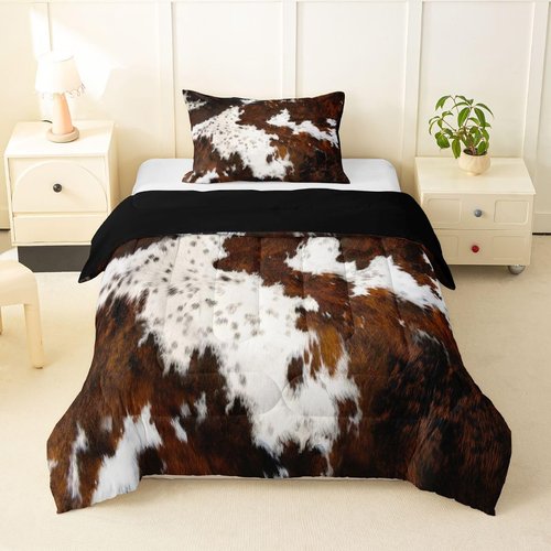 Erosebridal Milk Cow Print Comforter Set for Boys Girls,Black Brown Cowhide Western Bedding,Rustic Farmhouse Animals Skin Down Comforter,Bull Cattle Wildlife Fur Quilt Twin Cowboy Bohemian Decor