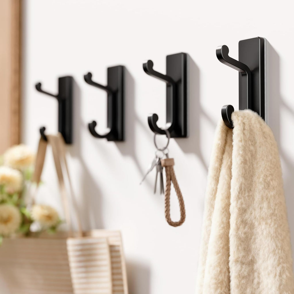 Self Adhesive Wall Hooks - Black Sticky Hangers | Holds 13Lbs for Clothes, Towels & Keys - 4 Pack