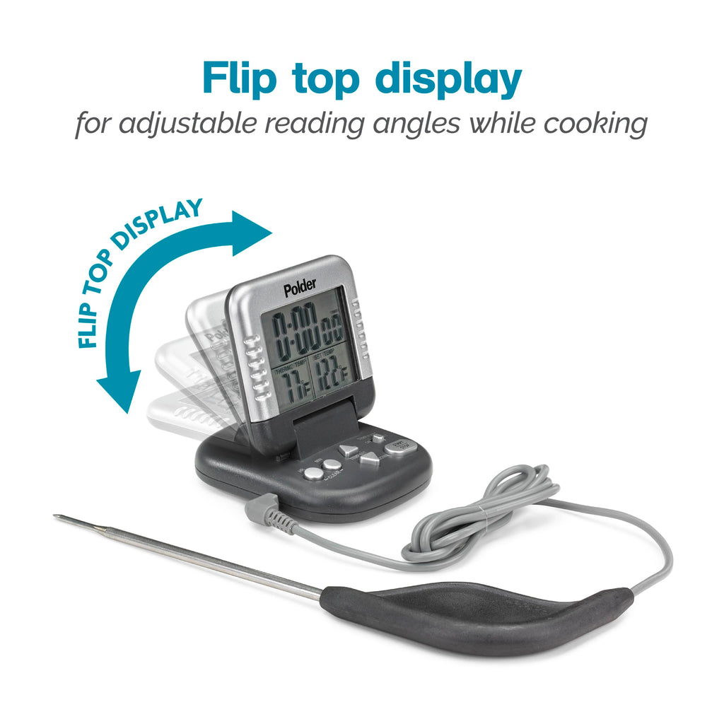 Polder Classic Digital Thermometer and Timer, Meat Thermometer for Cooking, Stainless Steel Probe, 24-Hour Countdown Timer with 40" Long, High-Heat Silicone Cord