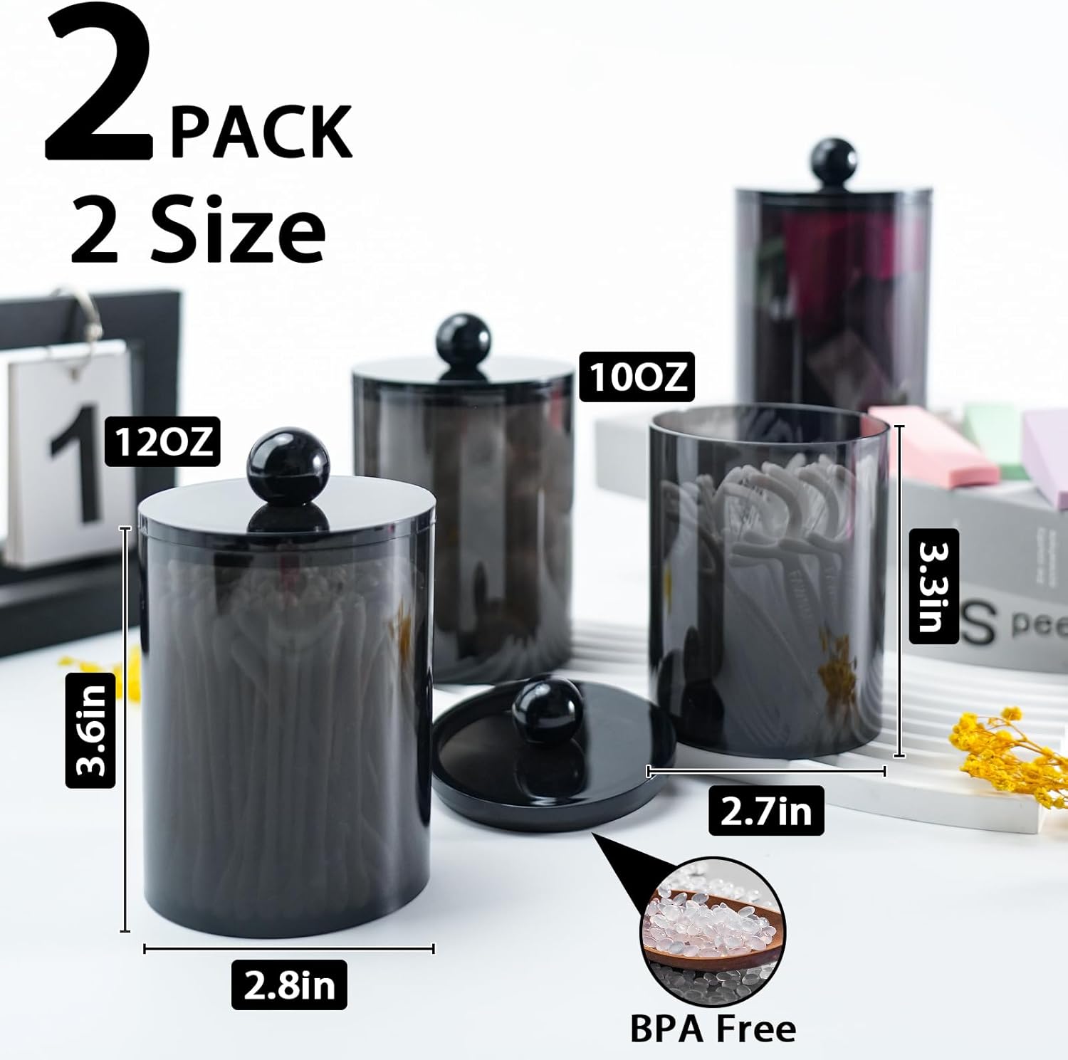 XIPENGKEJI Qtip Holder Canister Set - 2+4 Pack Bathroom Jars with Lids for Cotton Swabs & Pads | Black 10oz-12oz