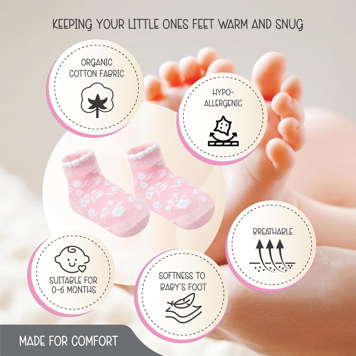 Skiennix Organic Cotton Baby Socks - GOTS Certified, Soft & Breathable | 6 Pairs for Newborn Girls 0-6 Months