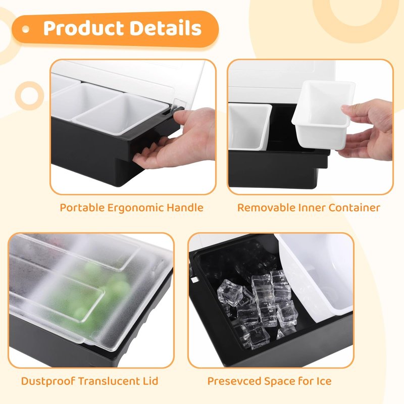 yeesport 2 Pcs 5-Compartment Condiment Dispensers, Chilled Fruit Veggie Caddies with Lids, Ice Cooled Food Serving Containers, Includes Tongs and Scoops, Bar Garnish Trays for Snacks and Sauce