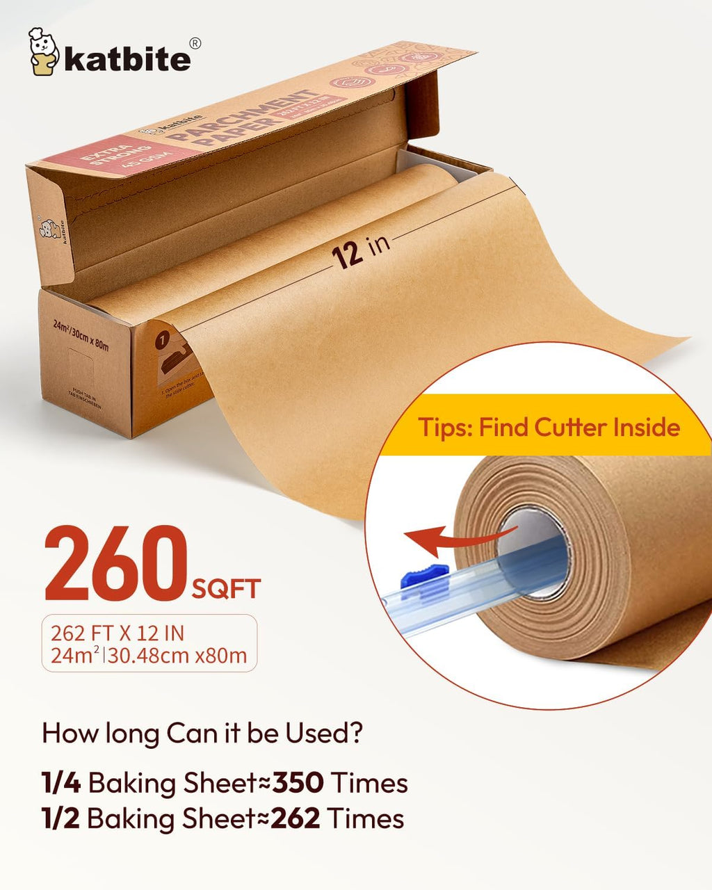 Skiennix Unbleached Parchment Paper Roll - Heavy Duty Non-Stick Baking Paper, 12in x 262ft