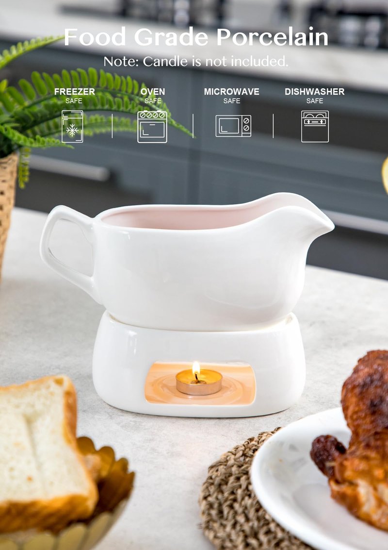Nucookery Large 18 Oz Gravy Boat with Warmer, White Fine Porcelain Saucier With Big Dripless Lip Spout, Gravy Bowl For Thanksgiving, Warming Sauces, Salad Dressings, Microwave & Freezer Safe(Set of 2)