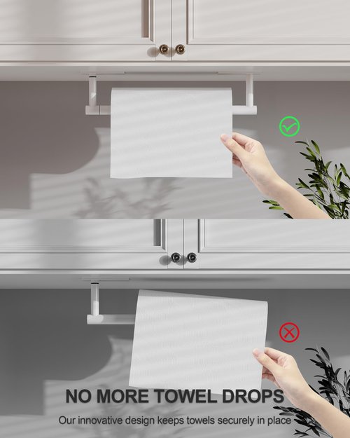 WZKALY White Paper Towel Holder Under Cabinet, Self Adhesive or Wall Mounted SUS304 Stainless Steel Paper Towel Holder for Kitchen, Bathroom, Farmhouse, Barbecue and Laundry (White)