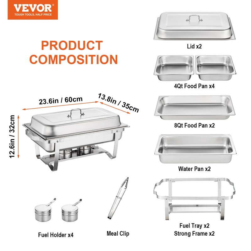 VEVOR Chafing Dish Buffet Set, 8 Qt 2 Pack, Stainless Steel Chafer with 2 Full Size Pans, Rectangle Catering Warmer Server with Glass Lid Water Pan Folding Stand Fuel Holder, for Wedding Party Banquet