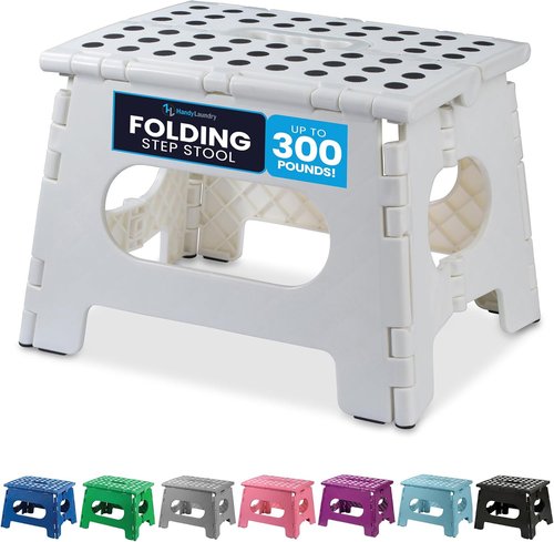 Handy Laundry Folding Step Stool - Lightweight & Sturdy for Adults and Kids - Easy One Flip Open | White - 9 Inch