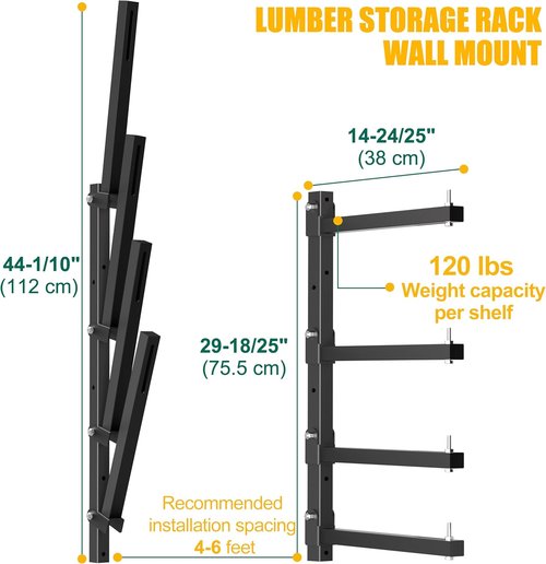 Heavy-Duty Lumber Storage Rack by [Brand Name] - Wall-Mount Folding Wood Organizer | 4-Level, Black, 4-Pack