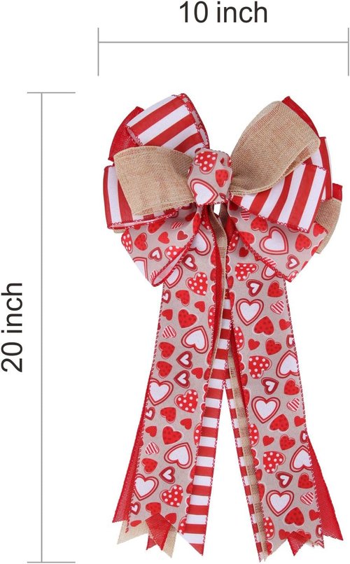 Meseey Valentine's Day Tree Topper Bow - Red Heart Print Burlap Bow for Home Decor | Indoor/Outdoor Use