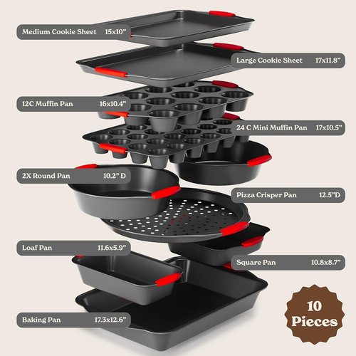Country Kitchen Nonstick Bakeware Set - Heavy Duty, Durable & Easy Release | 10-Piece Red Set