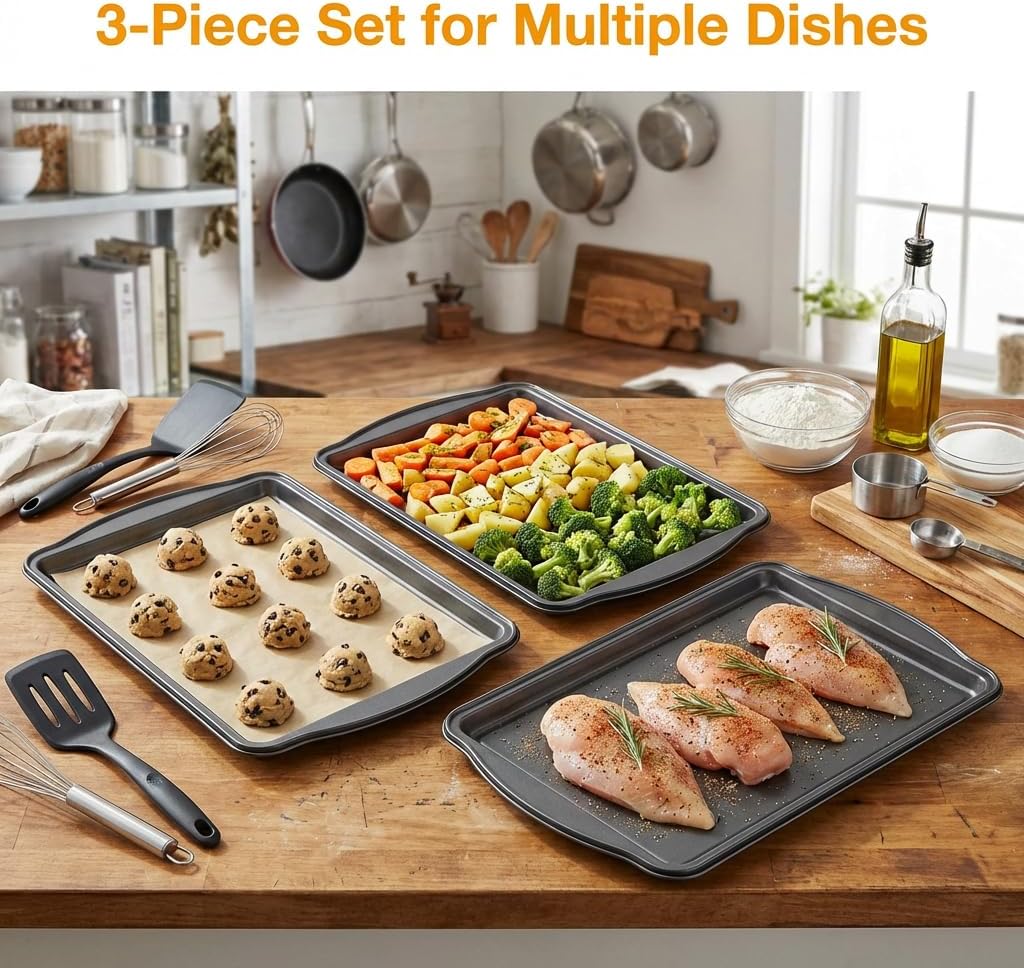 Skiennix Baking Pan Set - Nonstick Carbon Steel Cookie Sheets, 17 Inch, Rust & Warp Resistant, Easy Clean