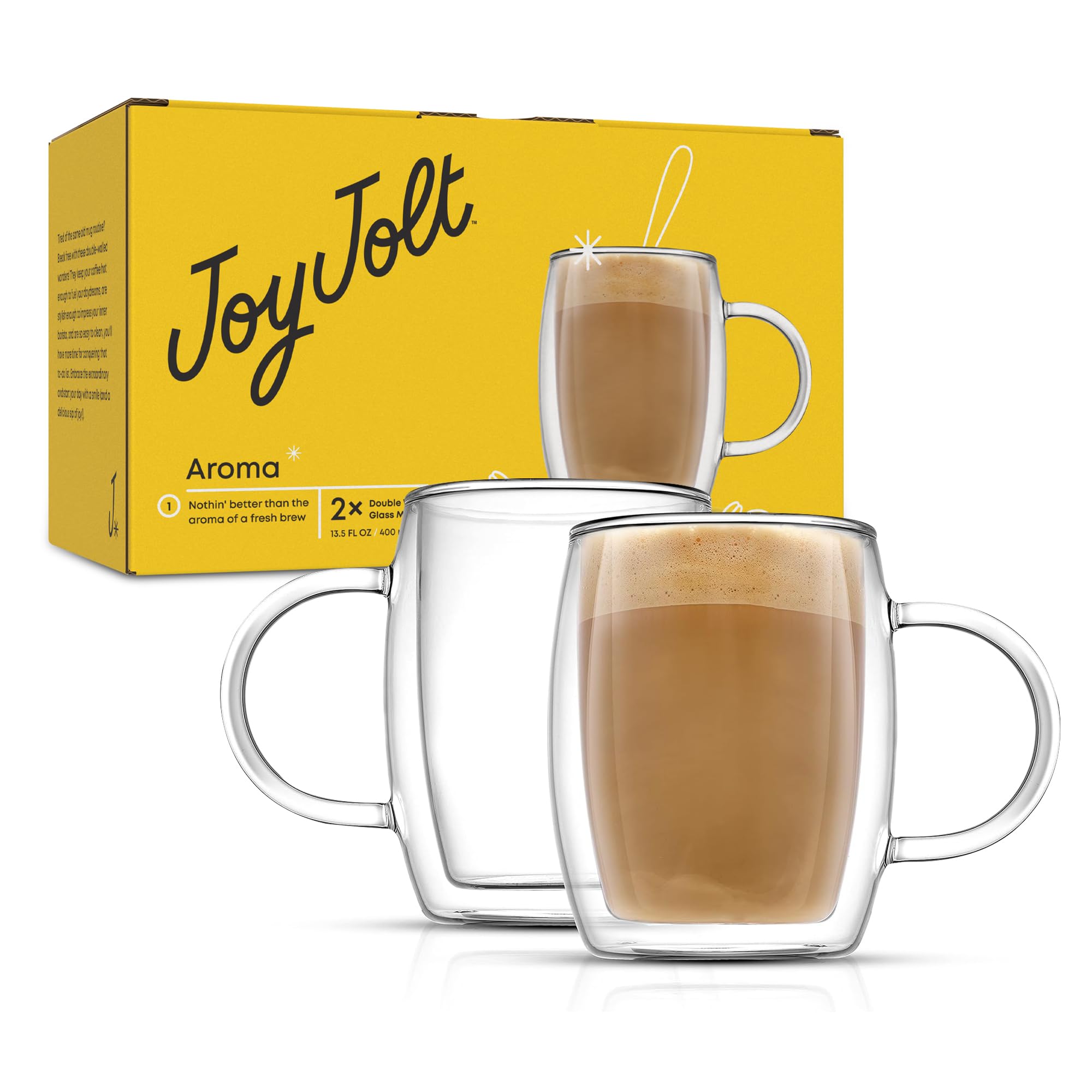 JoyJolt Double Wall Glasses 13.5-Ounce Insulated Mugs Double Walled Glass Cups For Coffee Tea Set of 2