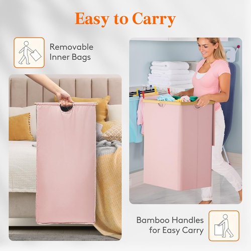 Lifewit 160L Double Laundry Hamper - Extra Large Bamboo Basket with Lid & 2 Removable Liners | Pink