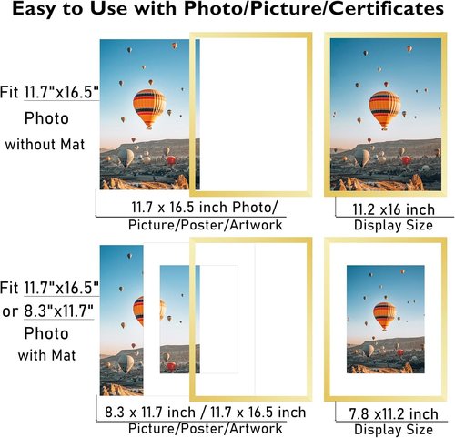 JCJMY A3 Gold Picture Frame - Display 8.3x11.7 Photos with Mat or 11.7x16.5 Without Mat | Wall Hanging Design