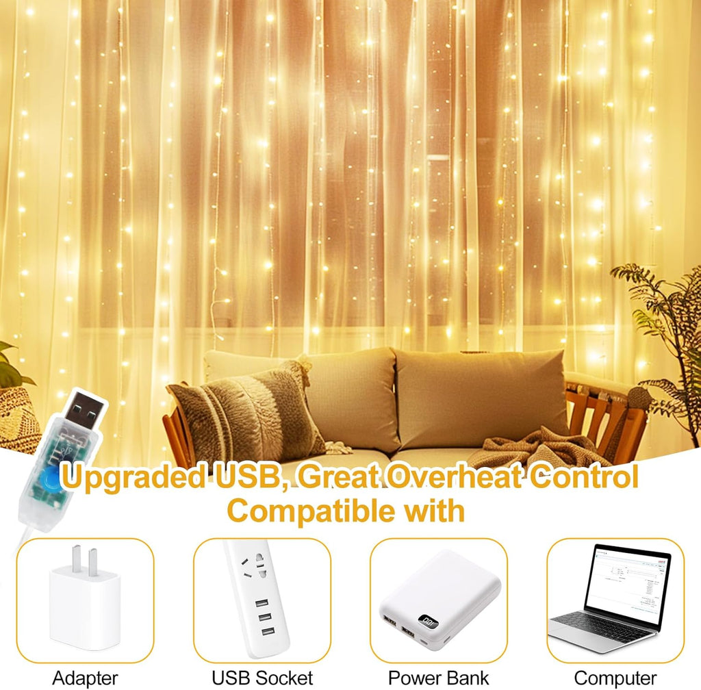 Skiennix 300 LED Fairy Curtain Lights - 9.8 x 9.8FT Warm White USB with Remote | 8 Modes for Christmas & Events