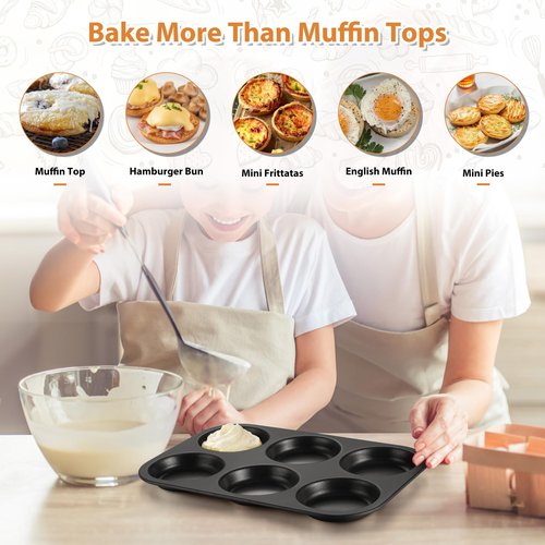 E-far Muffin Top Pan Set of 2, Nonstick 6-Cavity Shallow Cupcake Pan for Baking Whoopie Pie, Yorkshire Pudding, Eggs, Cornbread, Drop Cookies, Easy Release & Clean, 3-Inch Standard Size