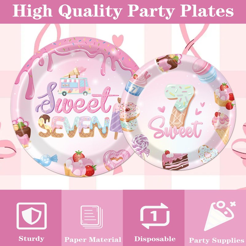Sweet Sassy and Seven Birthday Decorations Tableware - 7th Birthday Decoration for Girls Disposable Paper Plates and Napkins Decor 7 Years Old Girl Forks Supplies Serve 24