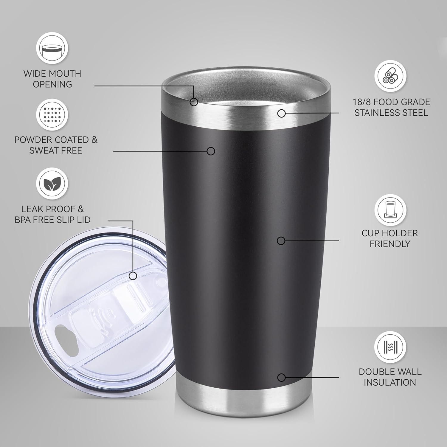 Skiennix 20 Oz Stainless Steel Tumbler - Double Wall Insulated Travel Mug Set (Black, 6 Pack)
