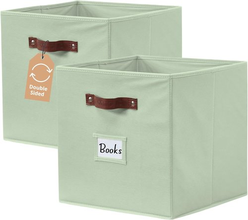 DECOMOMO Storage Bins - Fabric Cube Storage Bins with Labels | 10.5" x 11" | 2-Pack in Sage Green