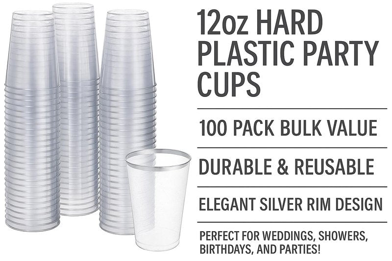 Oojami 12oz Hard Plastic Party Cups – Perfect for Home, Office, Bars, Weddings, Showers, Birthdays, Anniversaries, and Parties! Durable & Stylish Old Fashioned Tumblers (Silver Rim, 100 Pack)