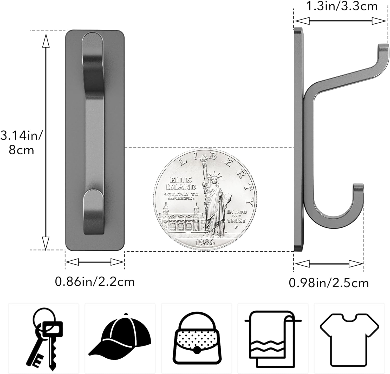 Pickpiff Wall Hooks - 13LB Strong Adhesive Coat & Towel Hangers | Grey 4 Pack